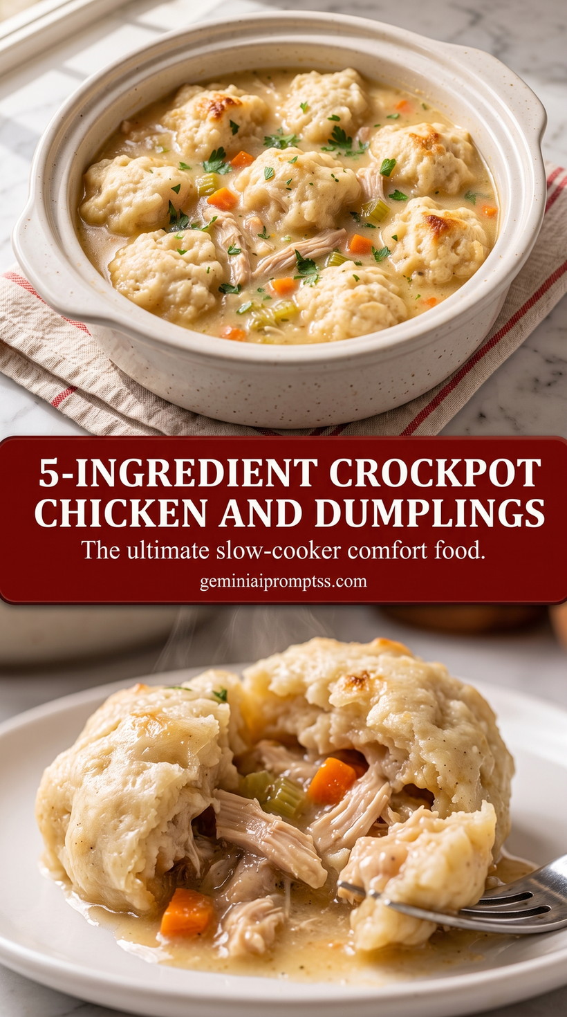 5-ingredient crockpot chicken and dumplings with a simple crockpot chicken and dumplings dish with chicken, carrots, celery, creamy broth, and soft biscuit dumplings