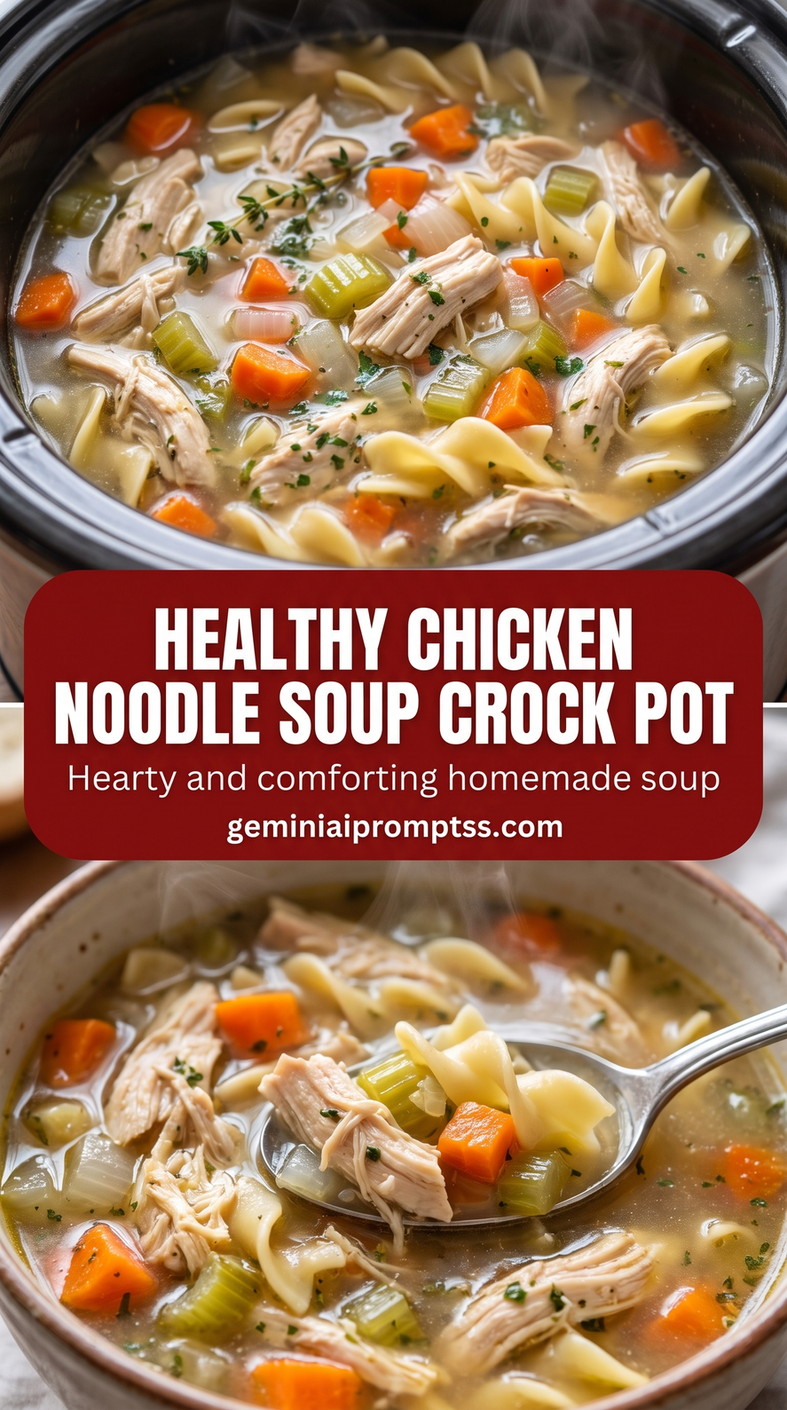 healthy slow-cooker chicken noodle soup with extra vegetables with extra carrots, celery, green beans, and whole-wheat noodles