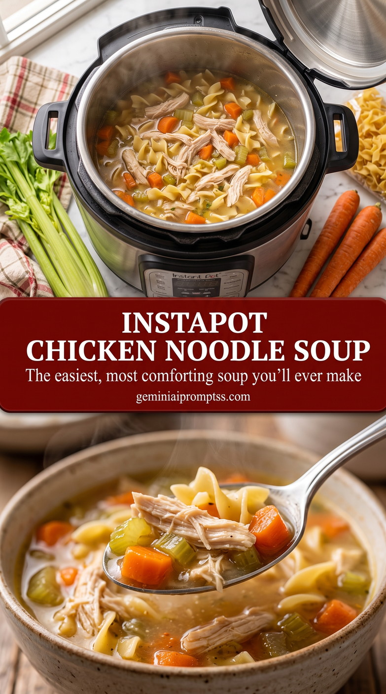 Instapot Chicken Noodle Soup with tender chicken, noodles, carrots, celery, clear golden broth, and a light herb finish