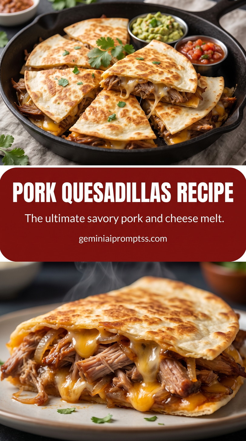 Pork quesadillas recipe showing browned tortilla wedges with a melted savory filling