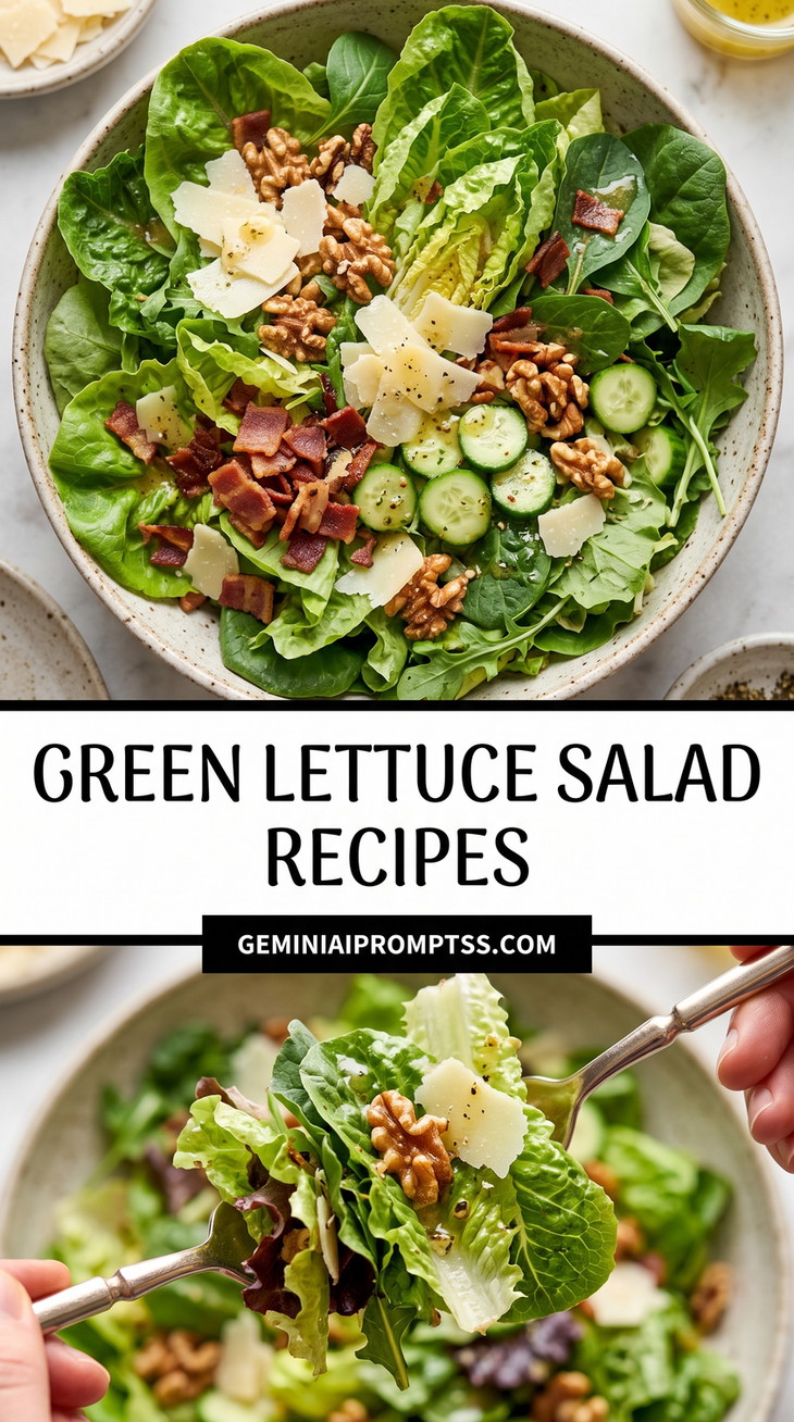 Green Lettuce Salad Recipes showing green lettuce with cucumber, tomatoes, browned bacon-like pieces, walnuts and cheese shavings