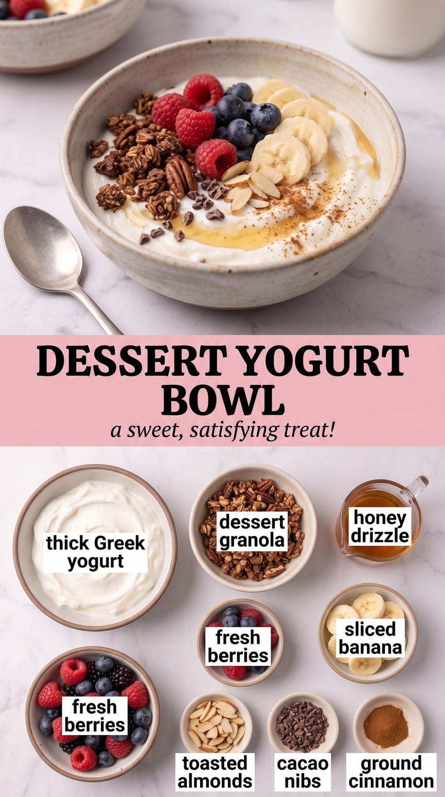 Dessert Yogurt Bowl showing dessert-style Greek yogurt with strawberries, berries, banana, granola, almonds, cacao nibs, and honey