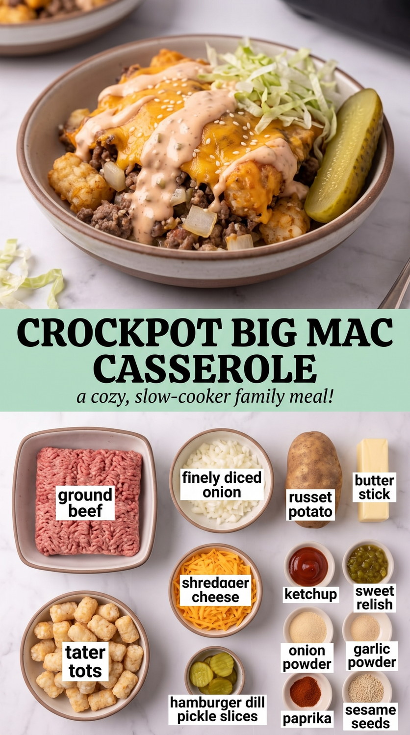 Crockpot Big Mac Casserole with slow-cooker Big Mac-inspired beef and potato casserole with cheddar, tater tots, ketchup, sweet relish, dill pickles, and sesame