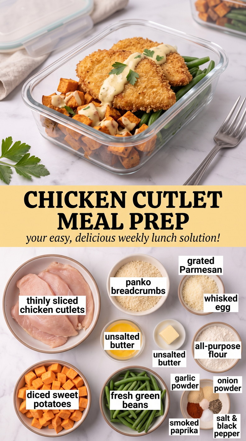 Chicken Cutlet Meal Prep Recipes showing breaded chicken cutlets packed with roasted sweet potatoes and green beans for meal prep