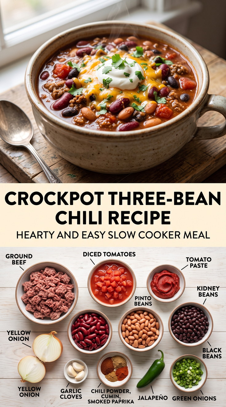 Crockpot Three-bean Chili Recipe with three-bean chili with beef, pinto beans, kidney beans, black beans, tomatoes, jalapeño, and green onions