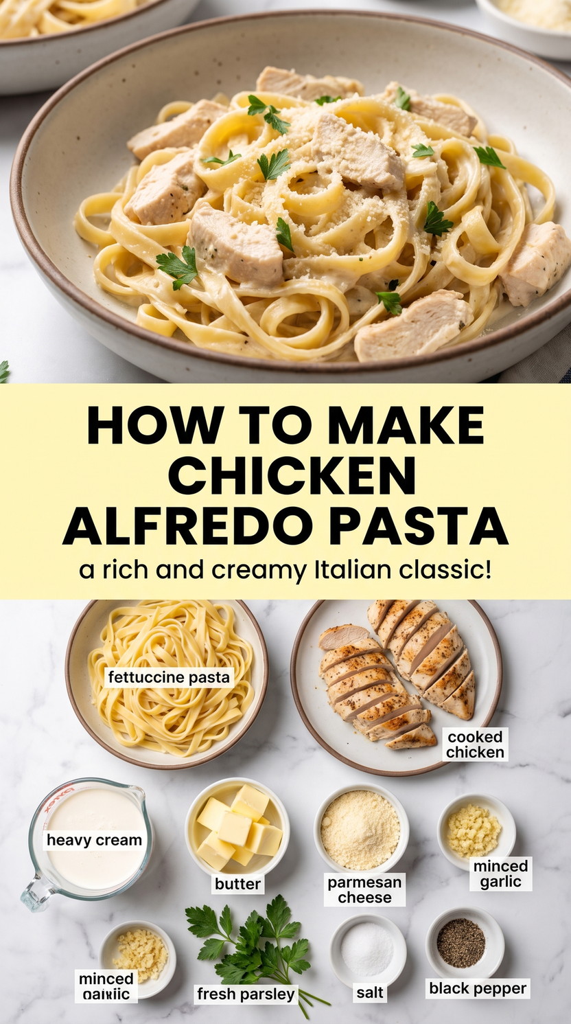 How to make chicken alfredo pasta showing creamy pasta coated in Parmesan sauce with tender chicken