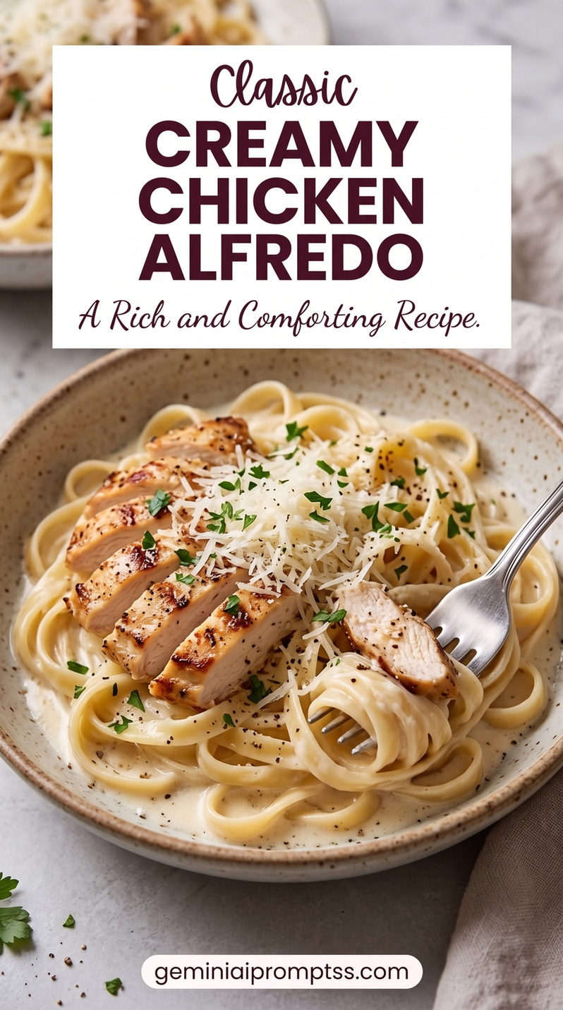 Chicken Alfredo Pasta with creamy sauce, chicken, pasta, Parmesan