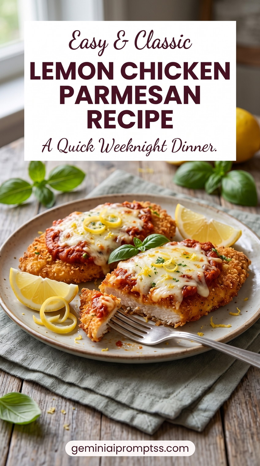 Lemon Chicken Parmesan Recipe with golden chicken cutlets with a red tomato sauce, melted cheese, Parmesan, and a fresh green herb garnish