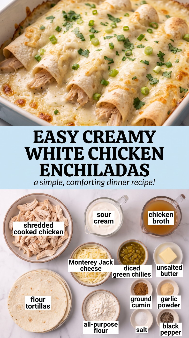 Easy Creamy White Chicken Enchiladas - creamy baked chicken enchiladas with melted cheese and green chile sauce