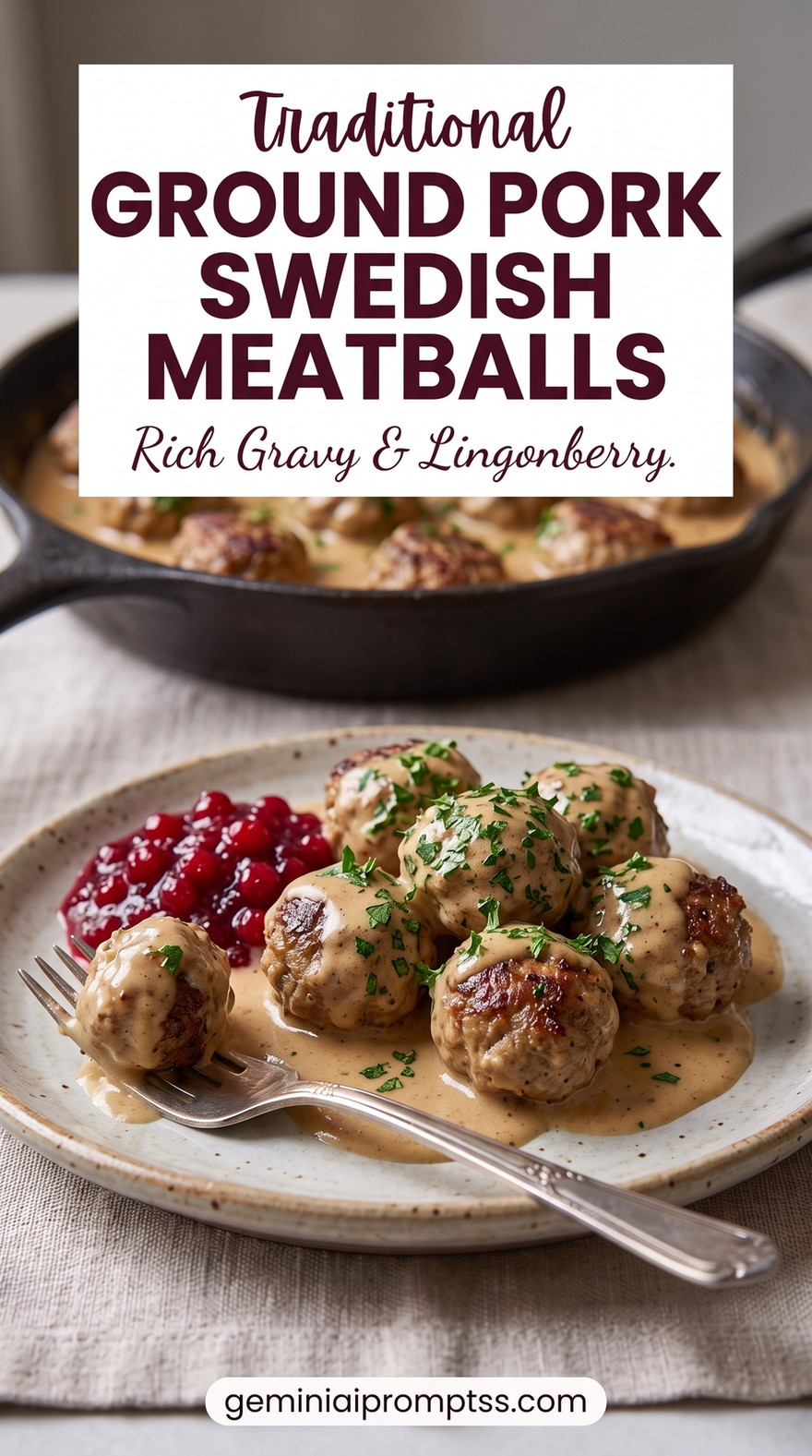 Ground pork Swedish meatballs showing pork-only meatballs with a delicate cream gravy and lingonberry accompaniment