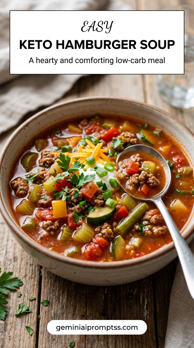 Keto Hamburger Soup showing a low-carb hamburger soup with beef, celery, zucchini, green beans, peppers, tomatoes, cheddar, sour cream, and herbs