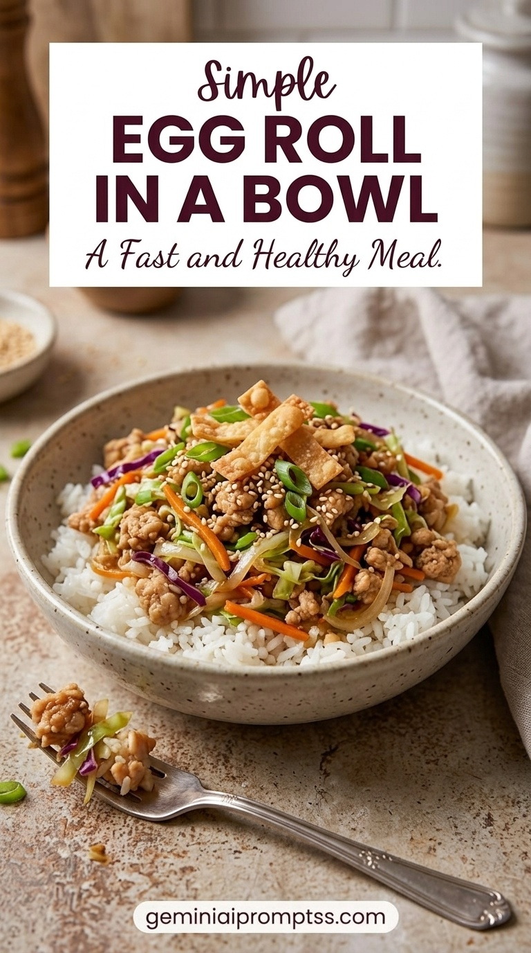 Egg Roll in a Bowl with Rice showing ground pork with cabbage, carrots, onion, ginger, garlic, scallions, sesame, and savory sauce over warm rice