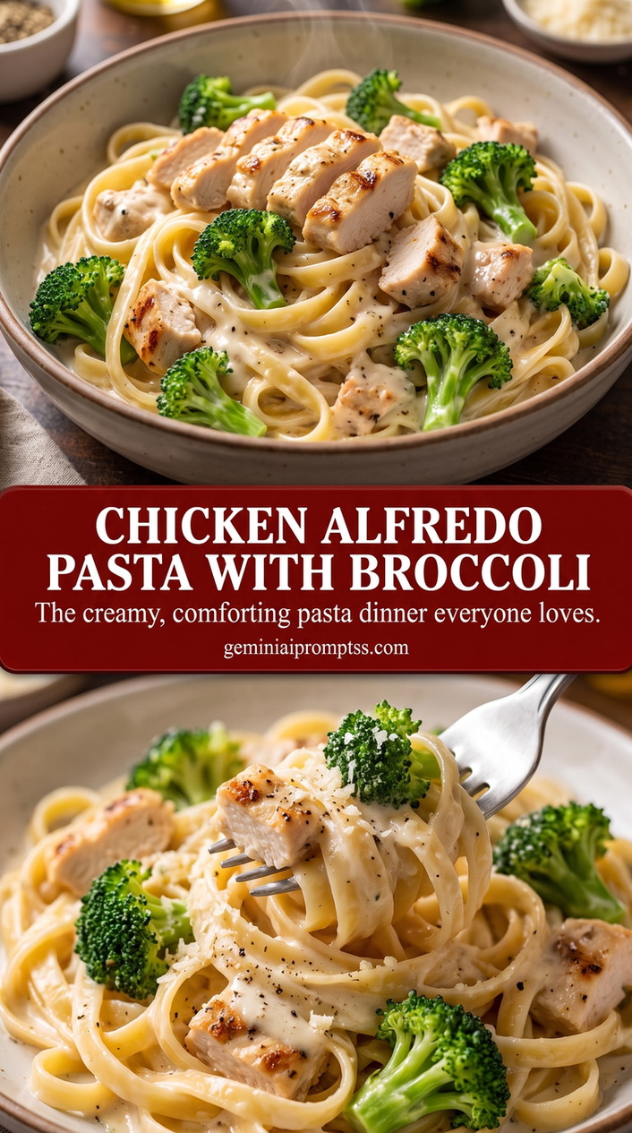 chicken Alfredo pasta with broccoli with pasta, tender broccoli, chicken, and a glossy Parmesan sauce