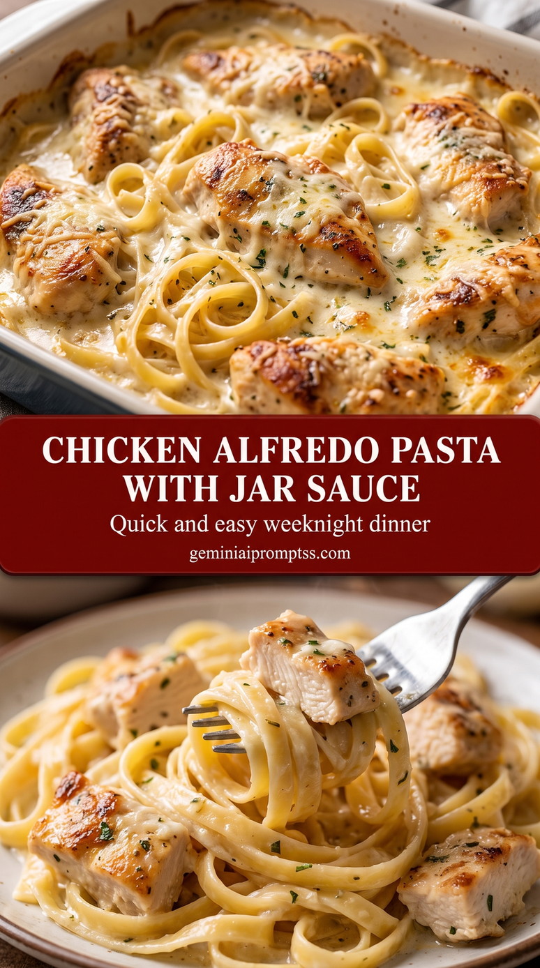 Chicken alfredo pasta with jar sauce showing creamy chicken Alfredo pasta with a glossy Parmesan sauce