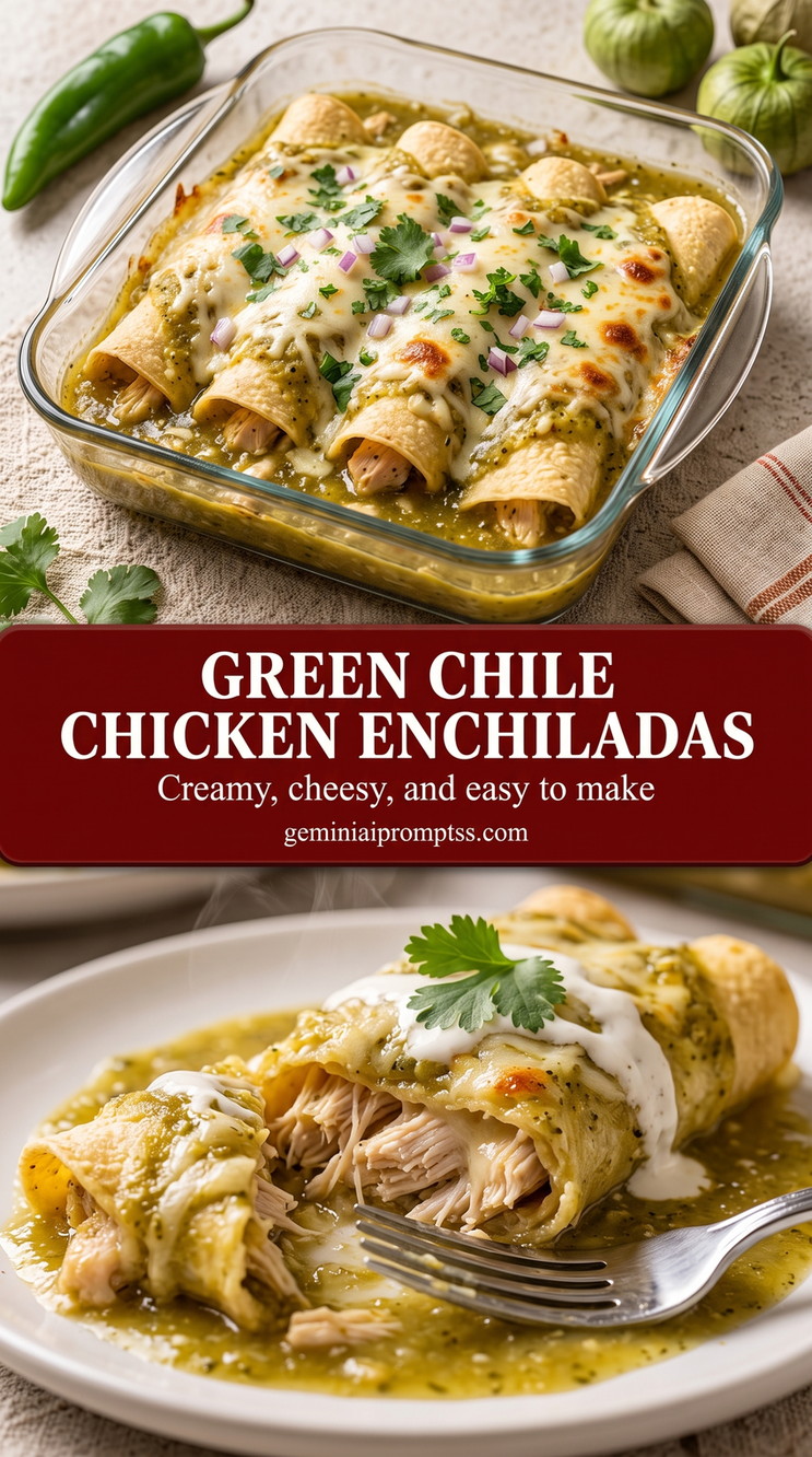 Green Chile Chicken Enchiladas with rolled chicken enchiladas with a green sauce and melted cheese