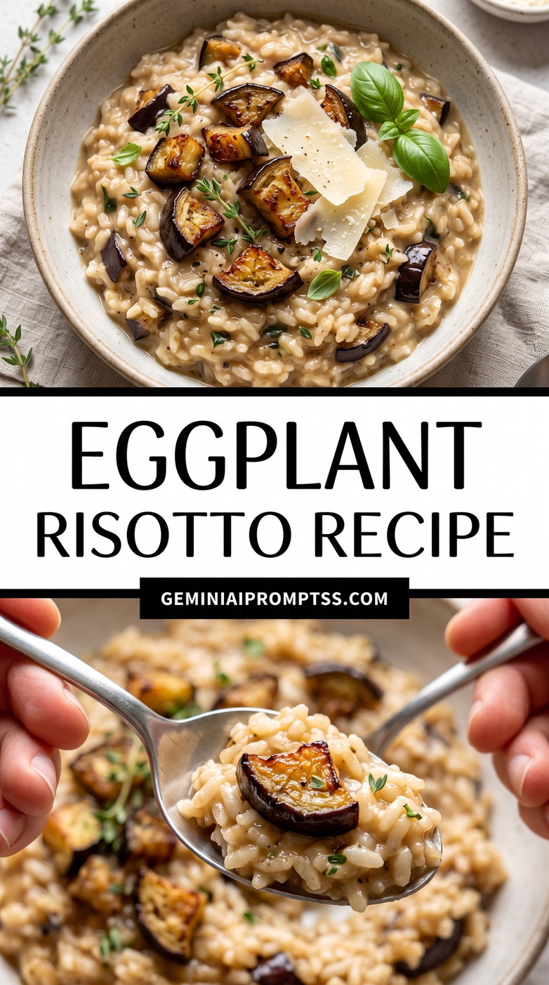 Eggplant Risotto Recipe showing creamy risotto, browned eggplant cubes, Parmesan shavings, green basil garnish