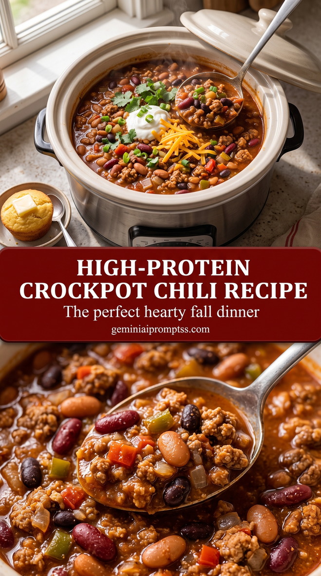 high-protein crockpot chili recipe with a thick slow-cooker chili with ground meat, red beans, black beans, corn, green pepper, tomato, cheddar, a white creamy topping, and green herbs