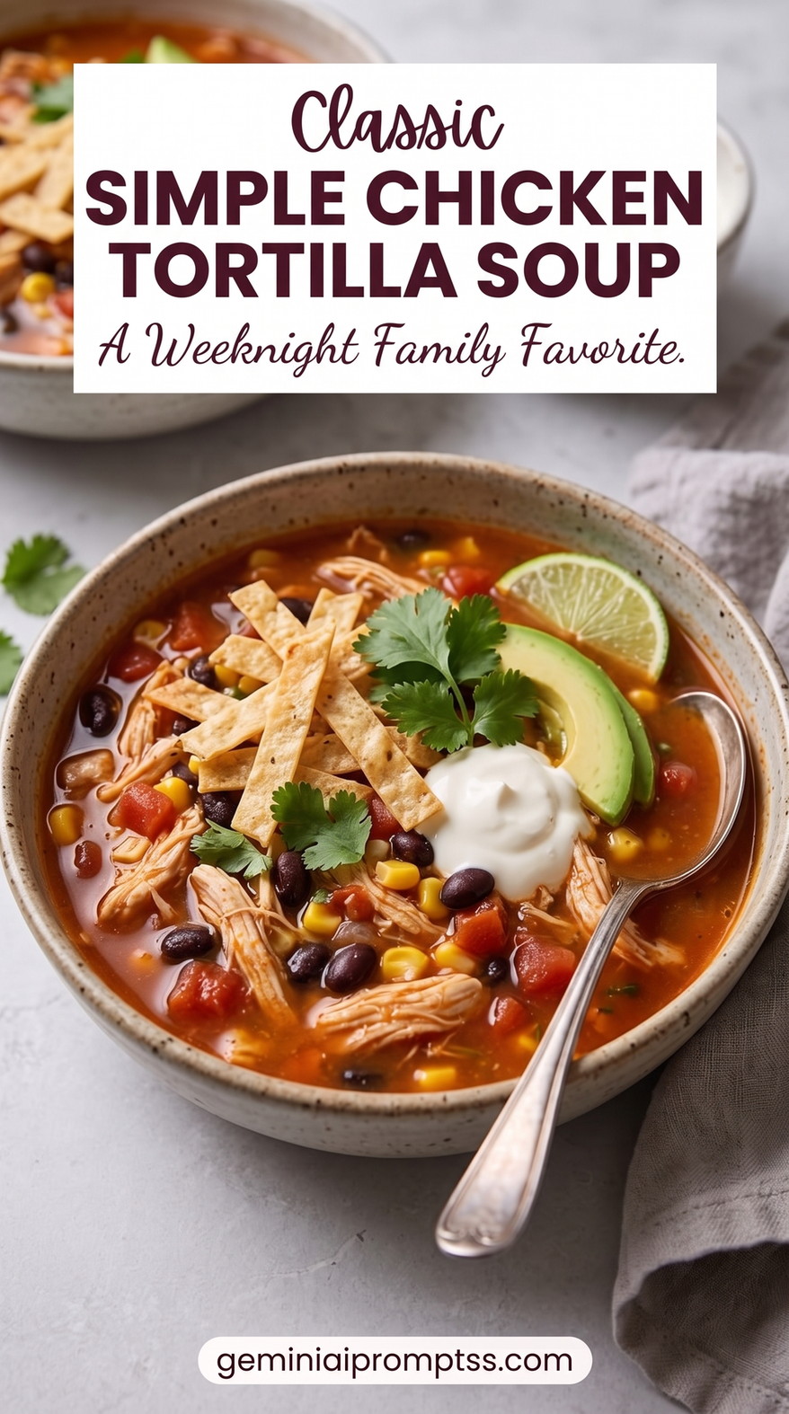 Simple Chicken Tortilla Soup with shredded chicken, tortilla strips, avocado, beans, corn, lime, and a red tomato-chile broth