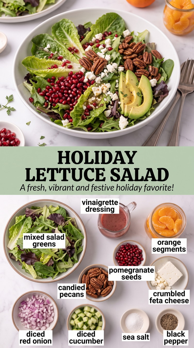 Holiday Lettuce Salad Recipes showing festive greens with orange segments, pomegranate arils, pecans, feta and avocado