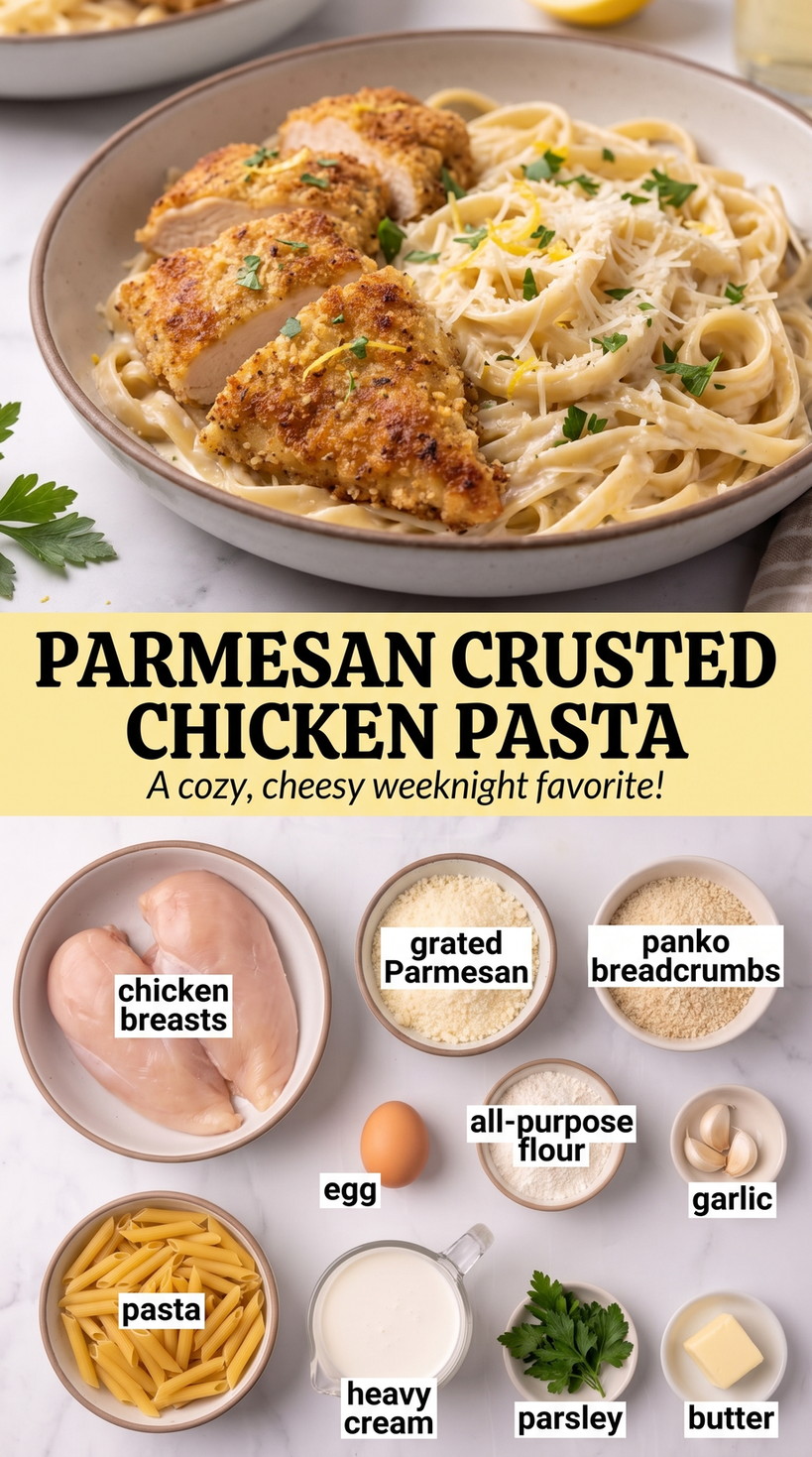 Parmesan crusted chicken pasta showing Parmesan-crusted chicken served over creamy pasta