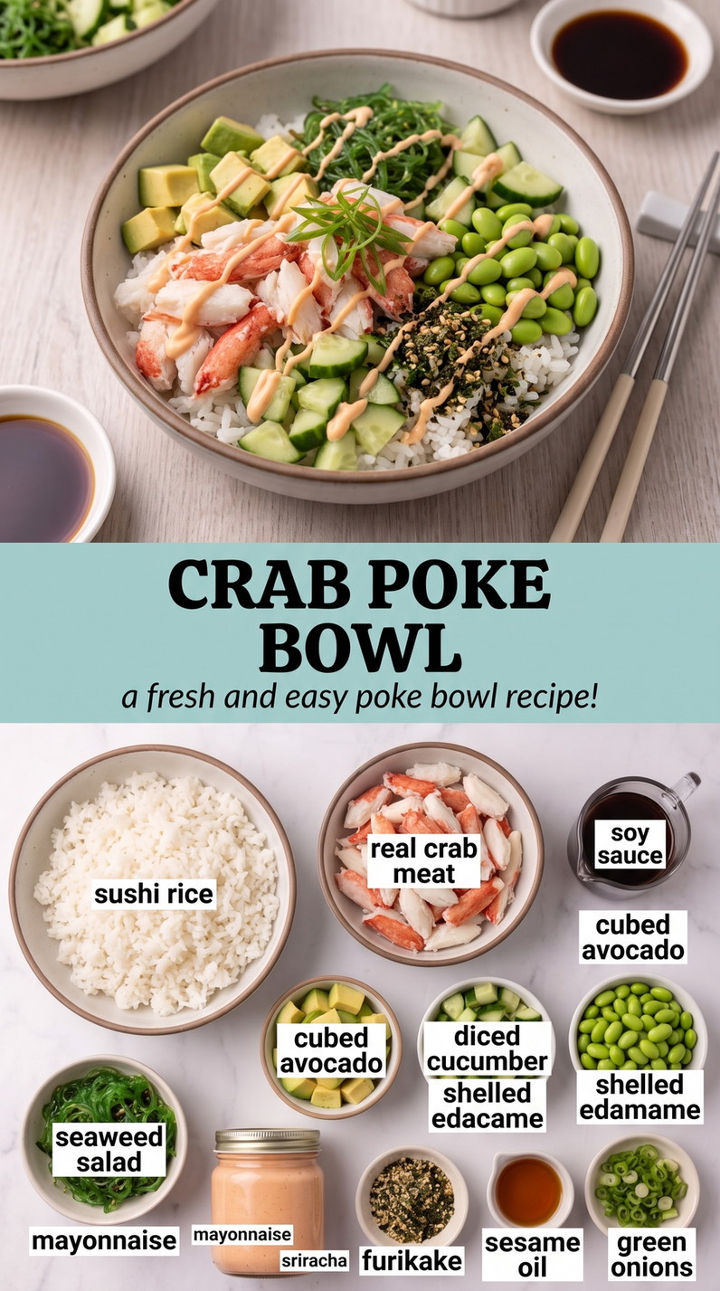 Crab Poke Bowl showing crab with sushi rice, avocado, cucumber, edamame, seaweed salad, spicy mayonnaise, and furikake