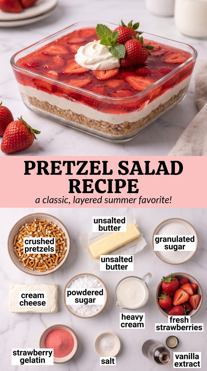 Pretzel Salad Recipe showing layered strawberry pretzel salad with a crisp pretzel crust, creamy white center, and glossy fruit topping