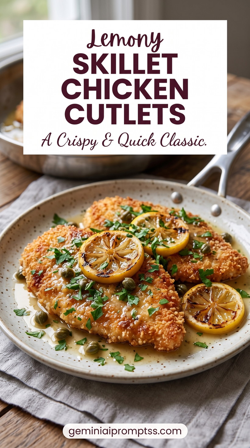 Lemon-Garlic Skillet Chicken Cutlets showing golden skillet chicken cutlets with browned lemon slices and chopped herbs