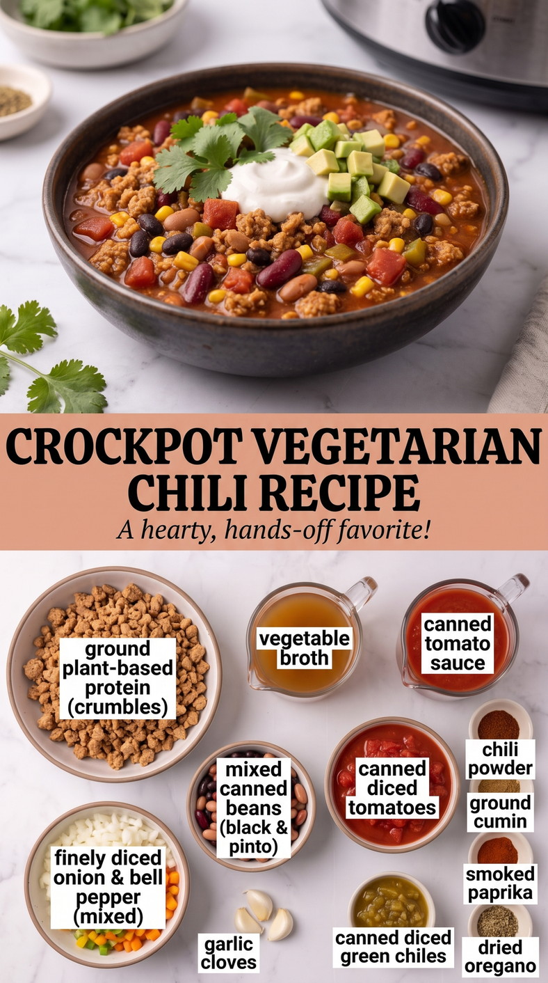 Crockpot Vegetarian Chili Recipe with vegetarian chili with plant-based crumbles, mixed beans, tomatoes, peppers, corn, and avocado