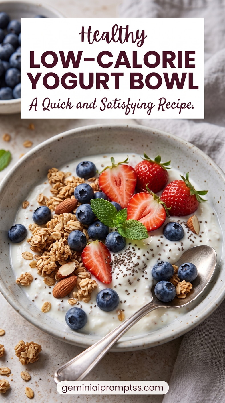 Low-calorie Yogurt Bowl showing nonfat Greek yogurt with strawberries, blueberries, granola, chia, and mint