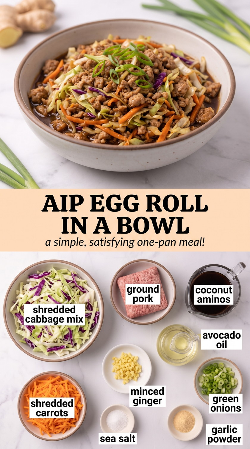 Aip Egg Roll in a Bowl with ground pork with cabbage, carrots, ginger, green onion, coconut aminos, and avocado oil