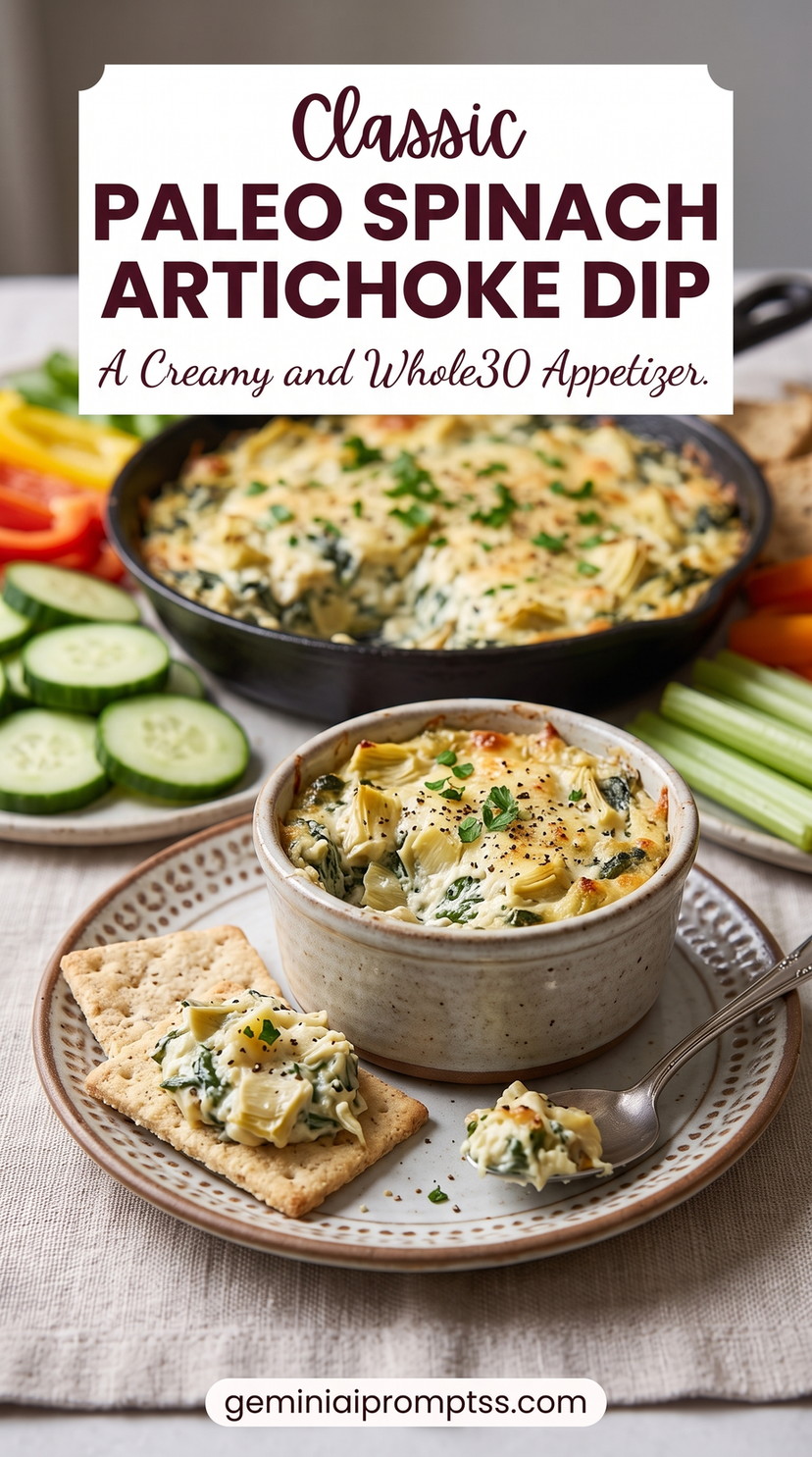 Paleo spinach artichoke dip showing a dairy-free paleo dip with visible artichokes, spinach, black pepper, and fresh herbs