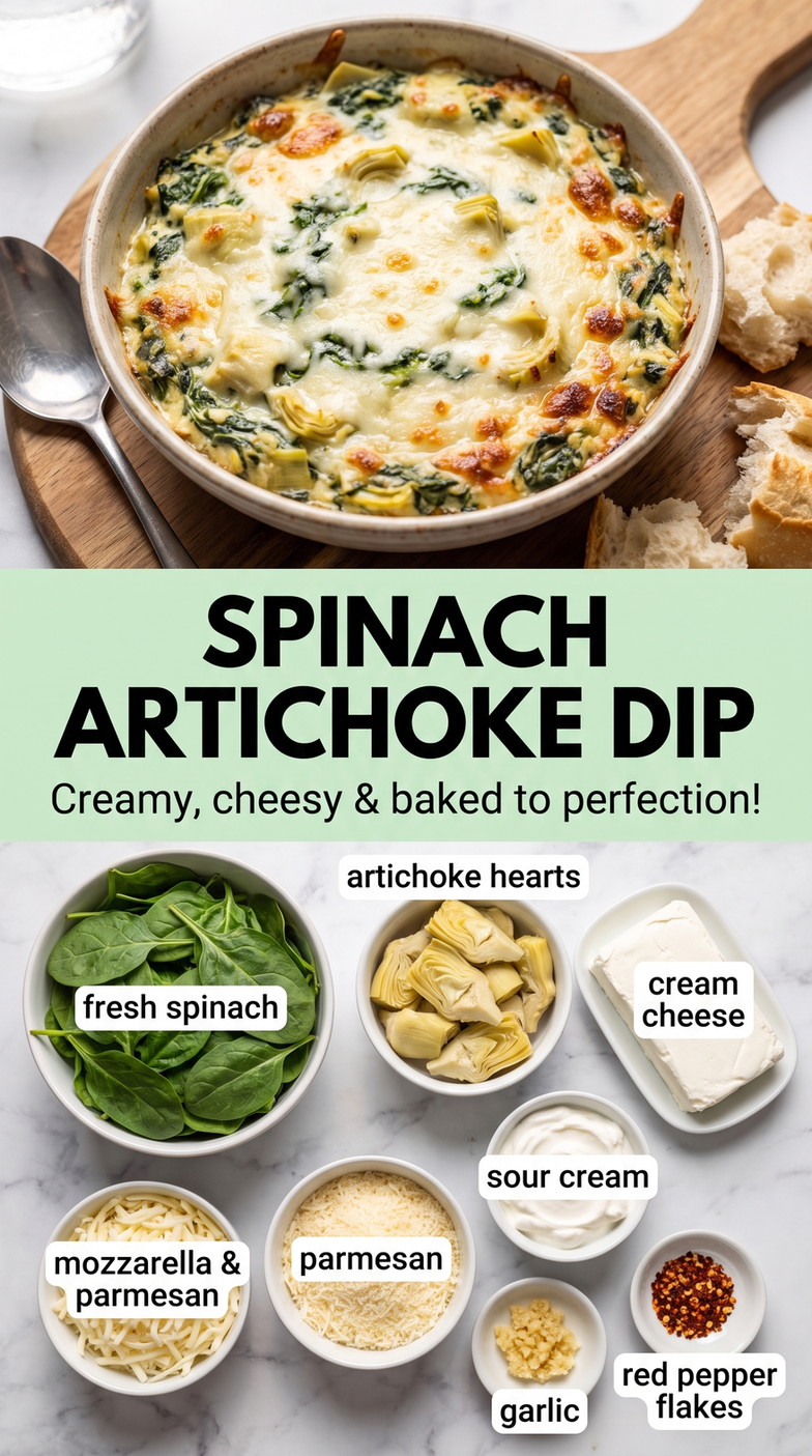 Spinach artichoke dip finished dish made with fresh spinach, artichoke hearts, and cream cheese