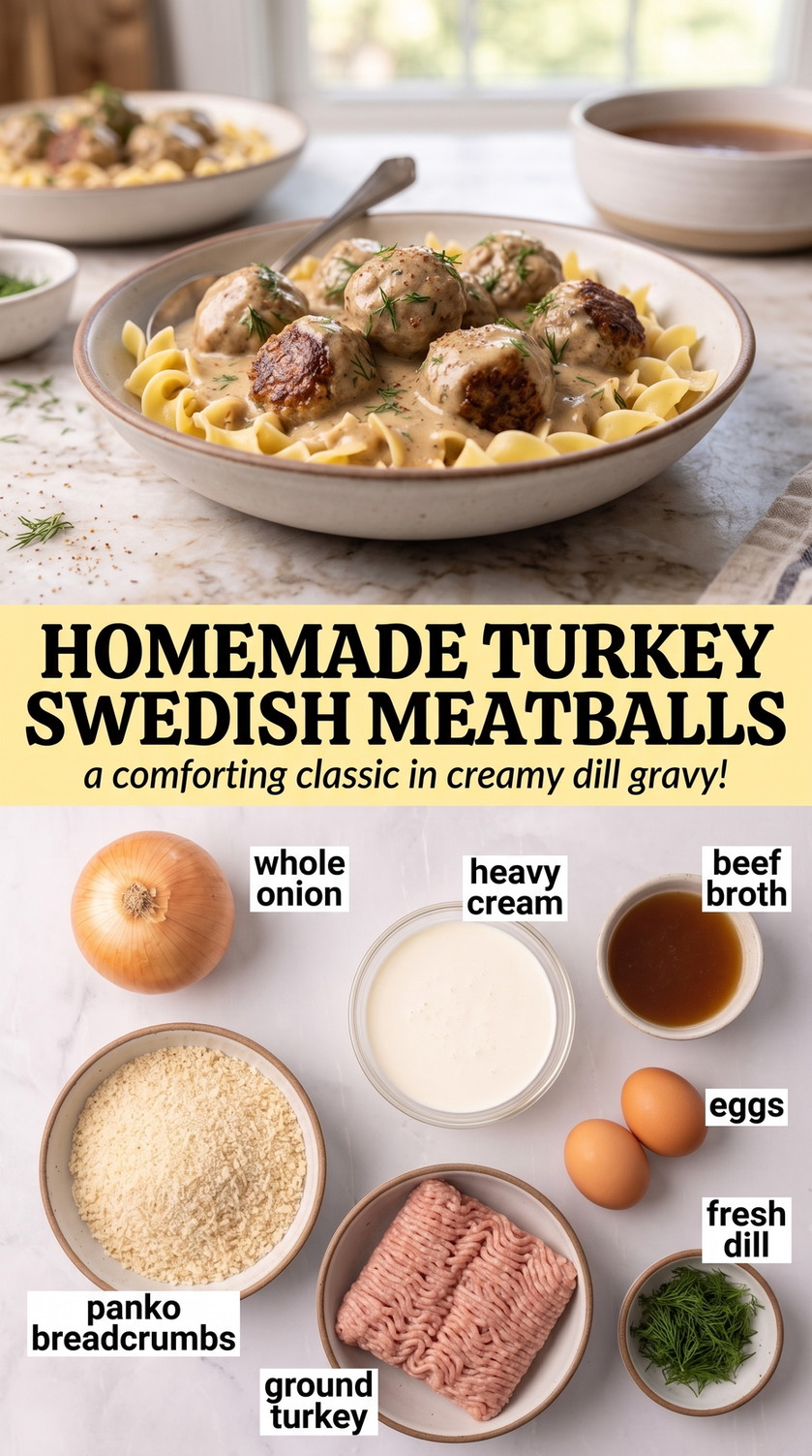 Turkey Swedish meatballs finished dish made with whole onion, heavy cream, and beef broth