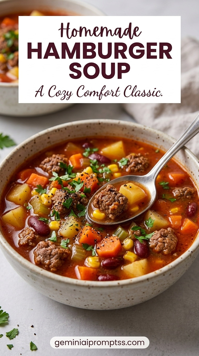 Hamburger Soup Recipe showing a tomato-based hamburger soup with ground beef, potatoes, carrots, corn, kidney beans, and green herbs
