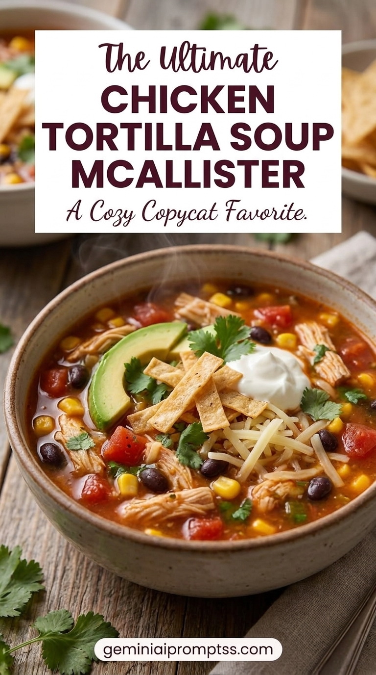 Chicken Tortilla Soup Mcallister with shredded chicken, tortilla strips, avocado, beans, corn, lime, and a red tomato-chile broth