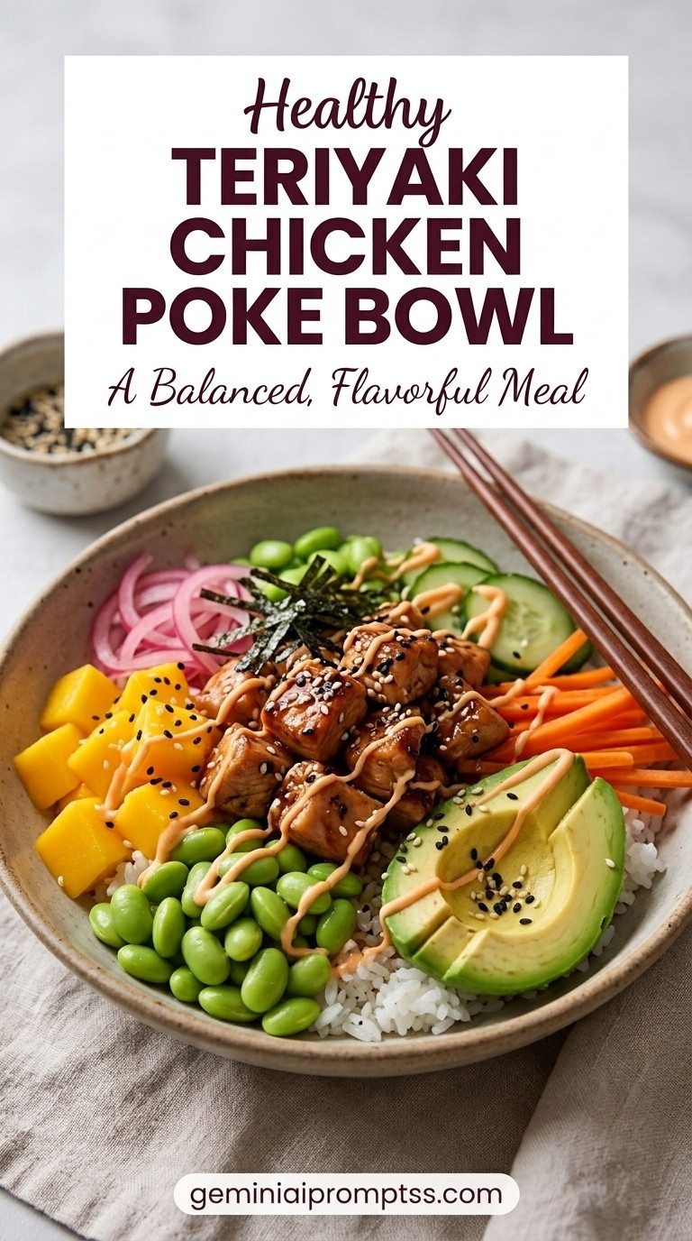 Teriyaki Chicken Poke Bowl showing teriyaki chicken with rice, mango, avocado, edamame, carrots, pickled onion, sesame, and scallions