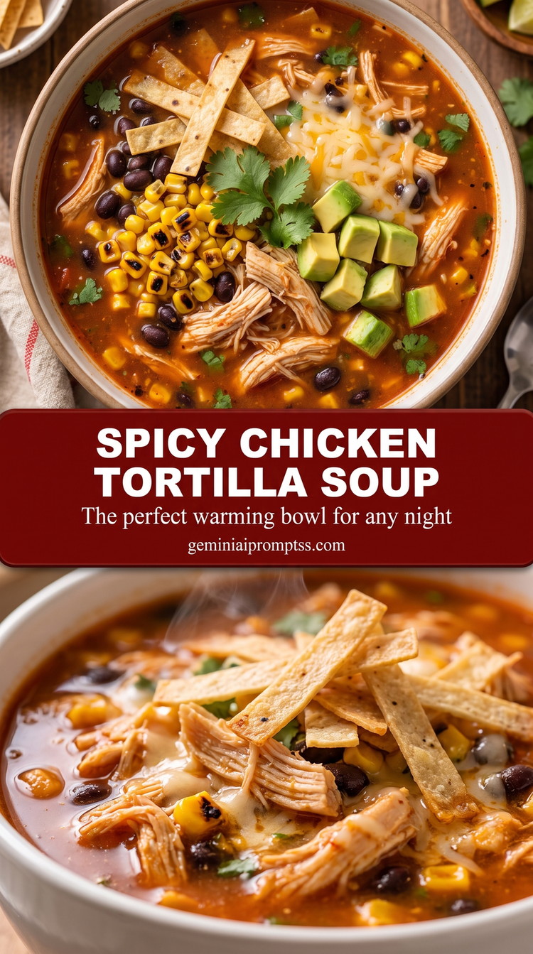 Spicy chicken tortilla soup showing a hearty chicken tortilla soup with colorful toppings and crisp strips