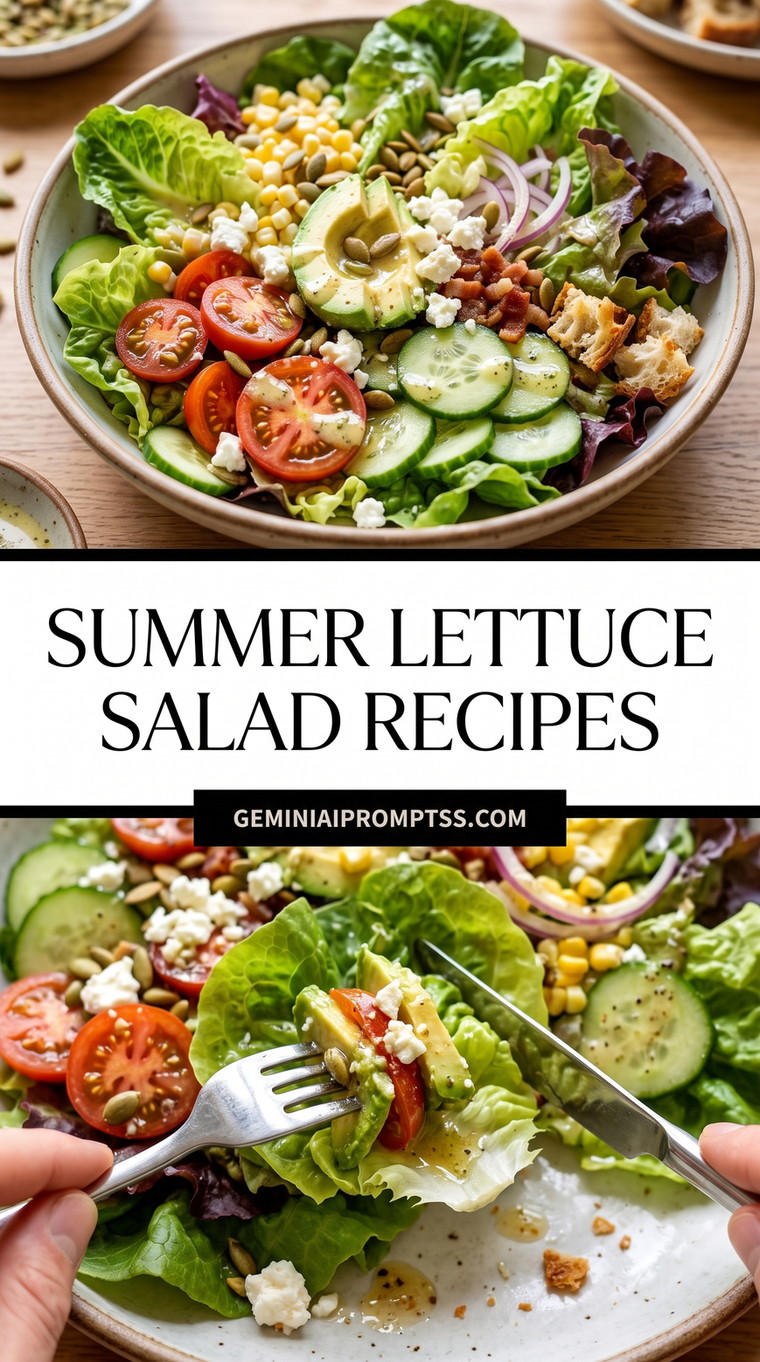 Summer Lettuce Salad Recipes showing summer lettuce with corn, avocado, cucumber, tomatoes, red onion, nuts and crumbled white cheese