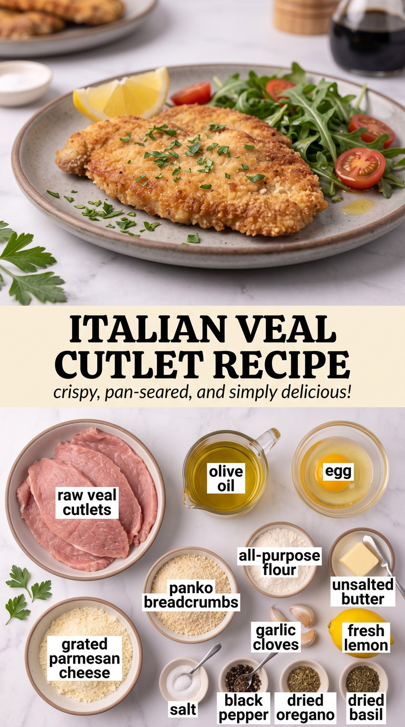 Italian Veal Cutlets Milanese prepared as a finished italian veal cutlet recipe recipe with browned cutlets ready to serve