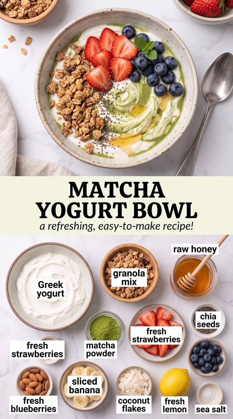 Matcha Yogurt Bowl showing matcha-tinted yogurt with banana, strawberries, blueberries, granola, almonds, chia, and coconut