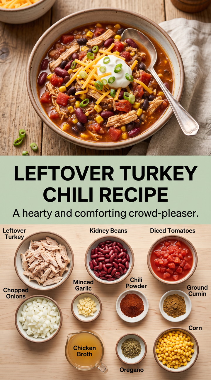 Leftover Turkey Chili Recipe with leftover turkey chili with kidney beans, tomatoes, corn, onion, garlic, cumin, and oregano