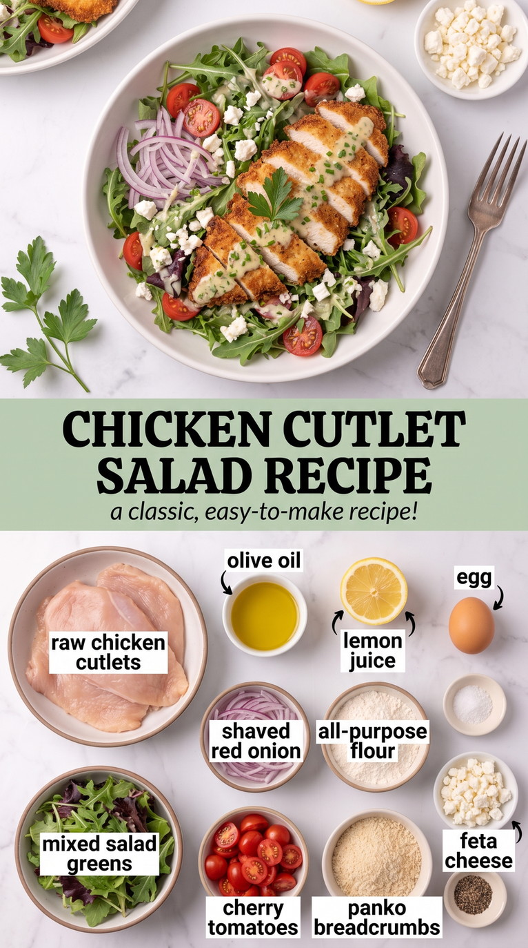 Chicken Cutlet Salad Recipe showing a crisp chicken cutlet sliced over mixed greens with tomatoes, red onion and feta