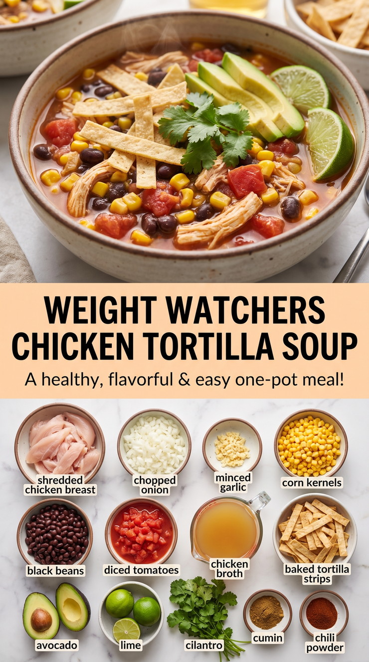Weight watchers chicken tortilla soup showing a tomato-based chicken soup with corn, beans, avocado, and crisp tortilla strips