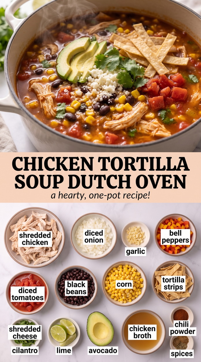 Dutch Oven Chicken Tortilla Soup - a hearty bowl with shredded chicken, beans, corn, tortilla strips, and fresh toppings