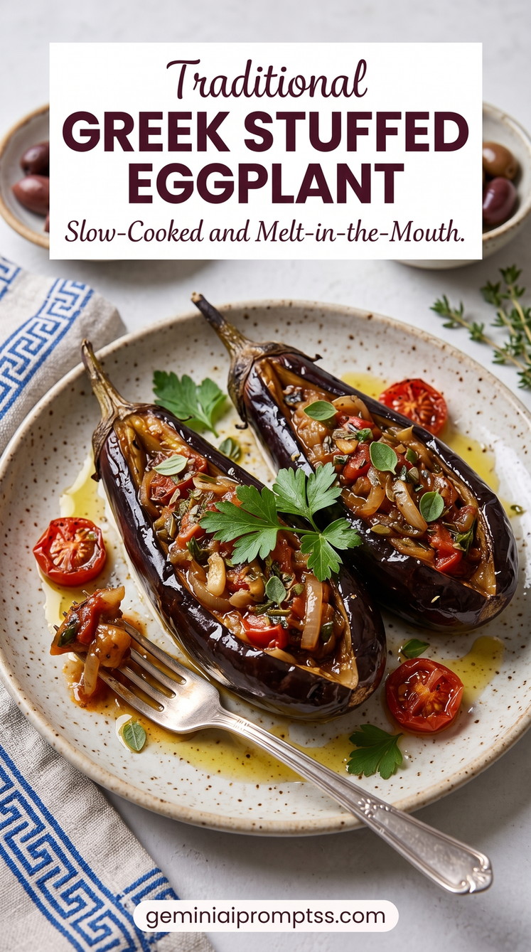 Greek Stuffed Eggplant with Tomato and Feta showing Greek-style stuffed eggplant halves with tomatoes, vegetables, herbs, and feta