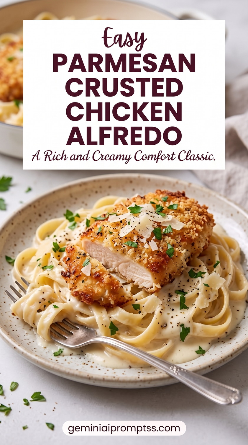 Parmesan Crusted Chicken Alfredo with chicken, fettuccine, a creamy Parmesan sauce, grated cheese, and fresh green herb garnish