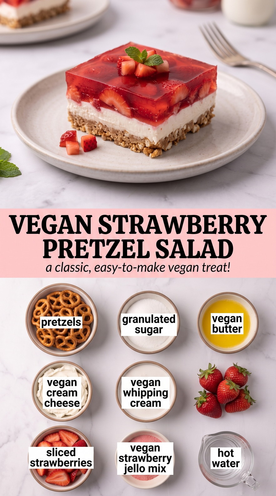 Vegan Strawberry Pretzel Salad with vegan strawberry pretzel salad with dairy-free cream cheese, whipped cream, strawberry gel, and fresh berries