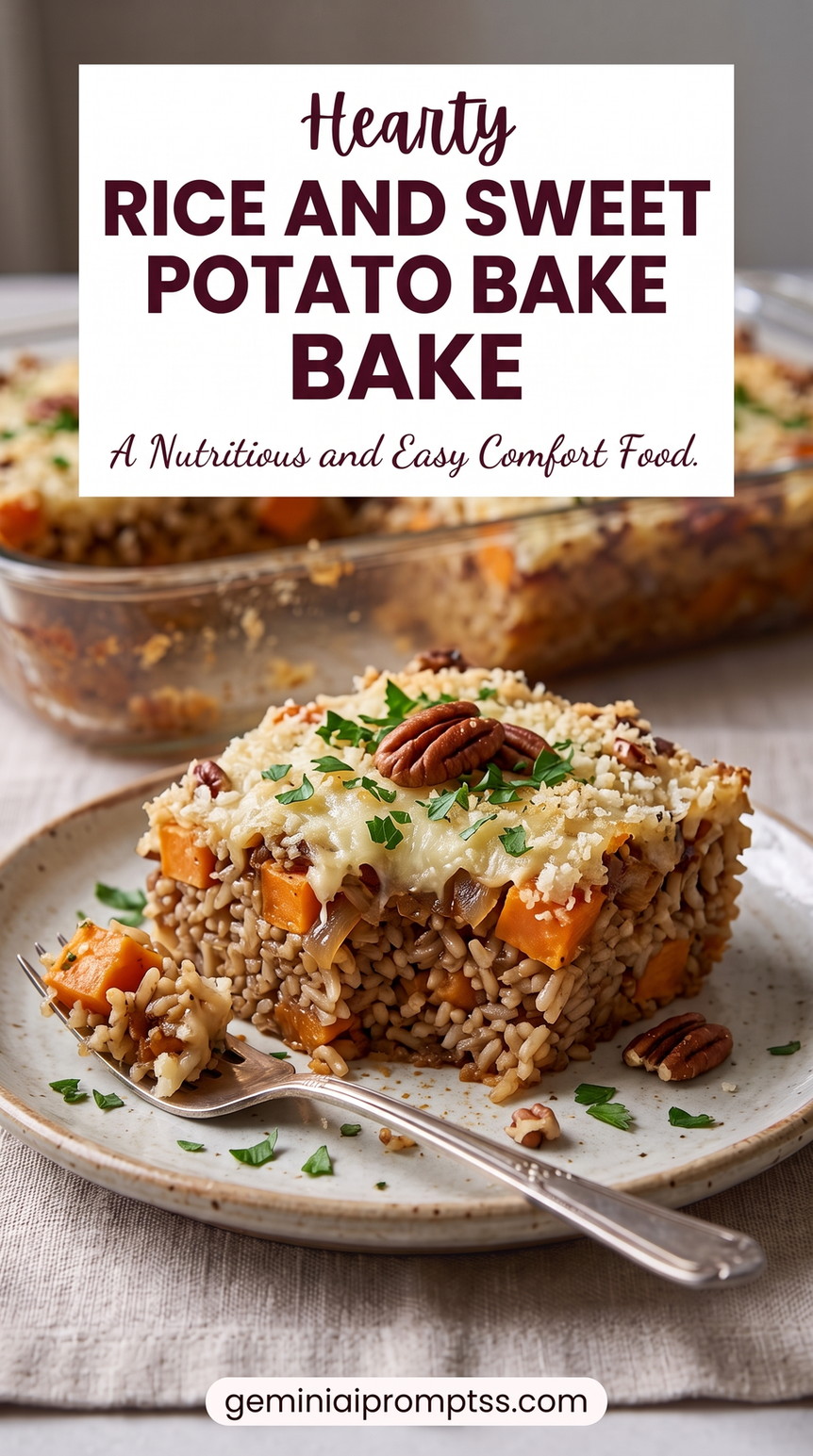 Rice and sweet potato recipe showing brown rice, sweet potato cubes, caramelized onion, melted cheese, herbs, and pecans