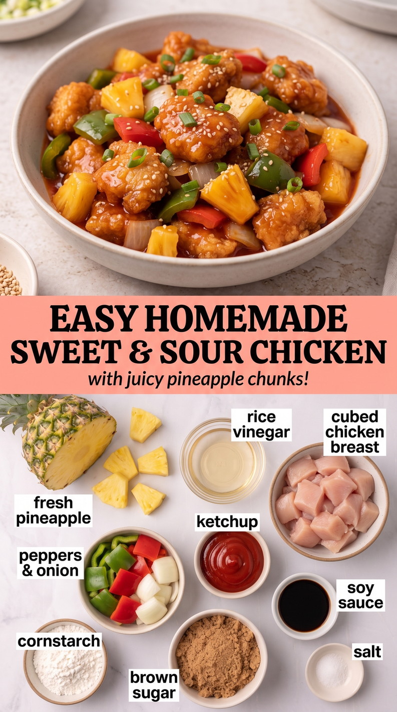 Sweet and sour chicken with pineapple finished dish made with fresh pineapple, rice vinegar, and cubed chicken breast