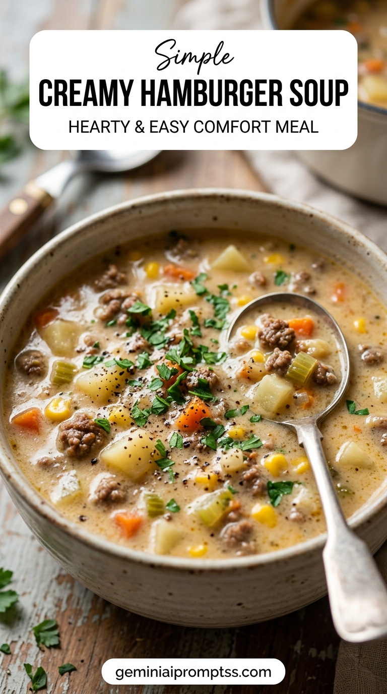 Creamy Hamburger Soup showing a pale creamy hamburger soup with beef, potatoes, carrots, celery, corn, parsley, and black pepper